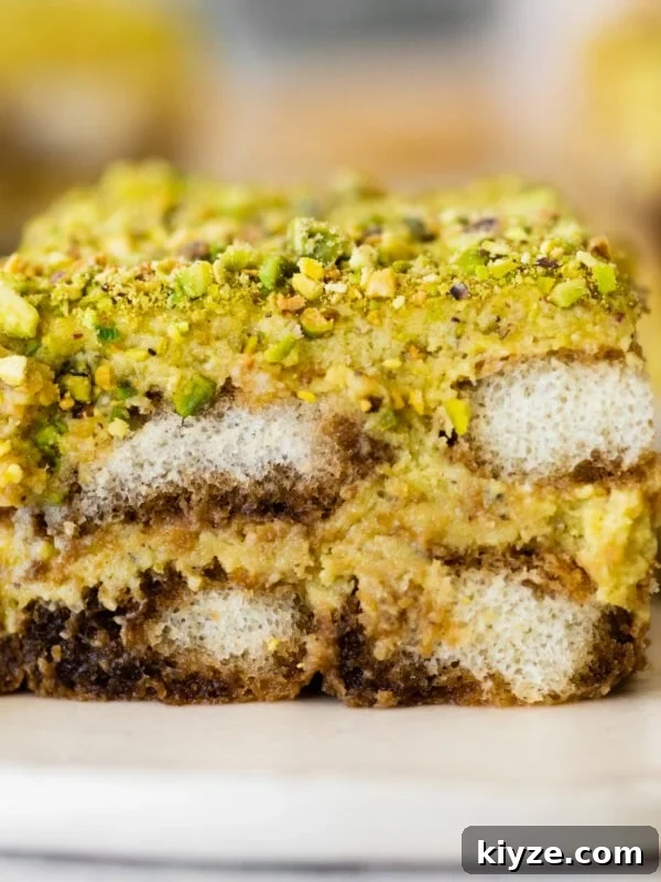 Italian Cannoli Cake Recipe: Classic Sicilian Dessert Guide 24 slice of pistachio tiramisu on a plate showing the layers.