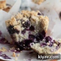 Blueberry Muffin Recipe: Moist, Bursting-with-Fruit Breakfast Muffins 11 Blueberry muffin torn in half to show interior texture of the muffin.