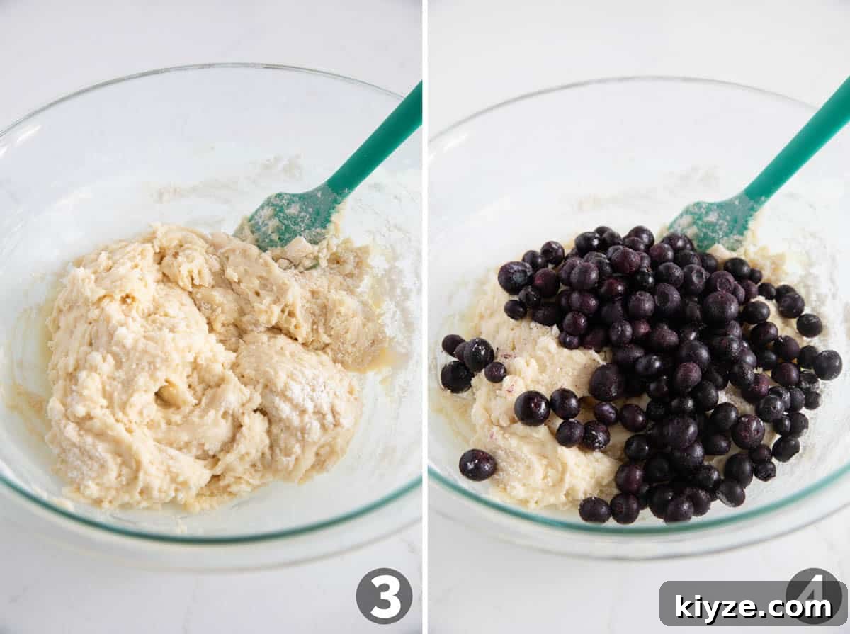 Blueberry Muffin Recipe: Moist, Bursting-with-Fruit Breakfast Muffins 5 Adding blueberries to muffin batter.