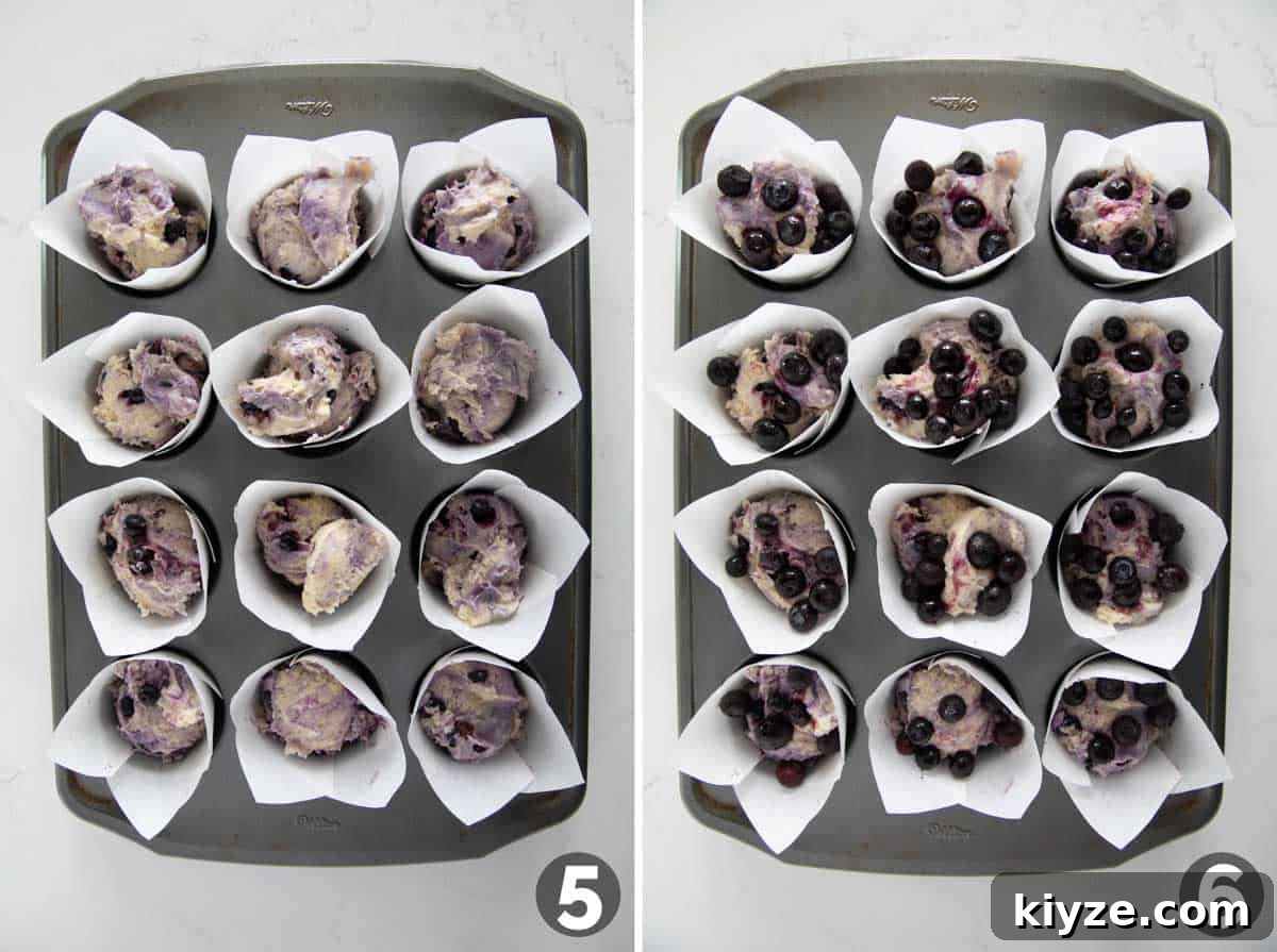 Blueberry Muffin Recipe: Moist, Bursting-with-Fruit Breakfast Muffins 6 Filling muffin cups with blueberry muffin batter.
