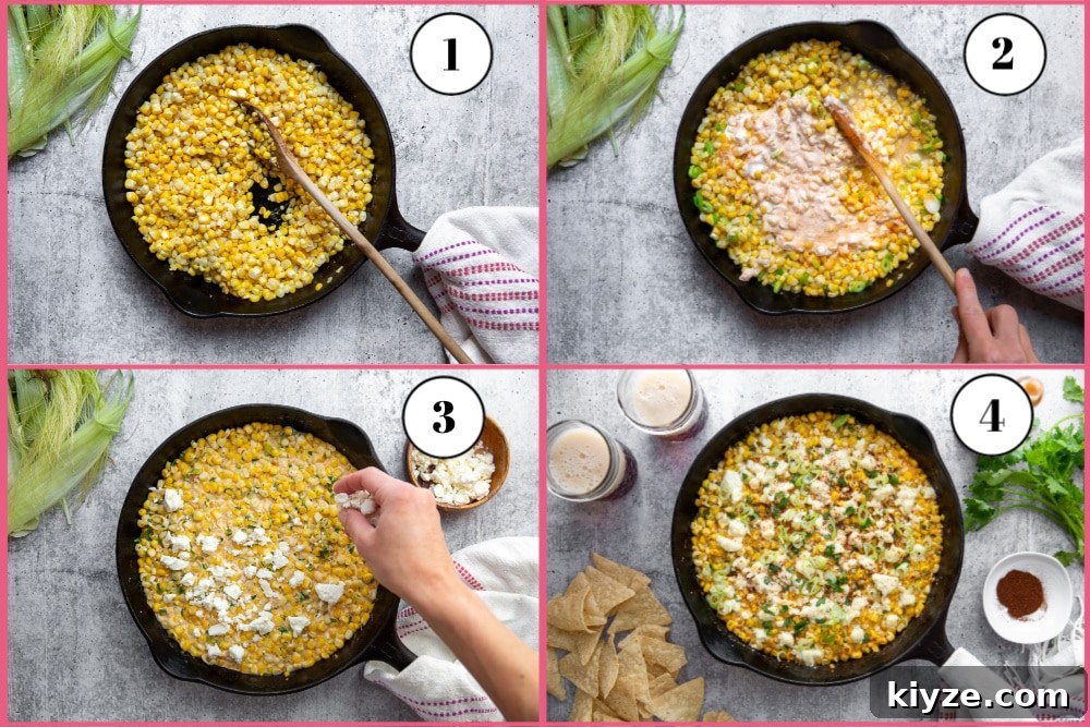 Jalapeño Feta Elote Dip Recipe for Parties and Game Day 6 Process shot showing how to make elote dip, divided into 4 quadrants, starting with sautéing the corn, then adding the other ingredients, then topping the dip with feta and finally serving the cooked dip.