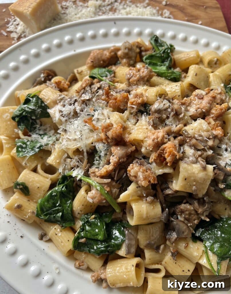 Creamy Pasta Norcina with Italian Sausage and Truffle Oil 7 Norcina Pasta on white platter with grated parmesan in background.