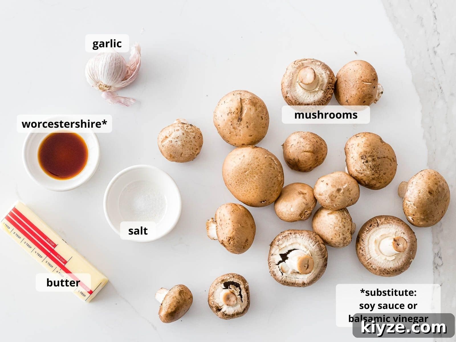 Garlic Butter Sautéed Mushrooms Recipe — Quick Flavorful Side 5 ingredients for garlic butter mushrooms with text labeling each ingredient
