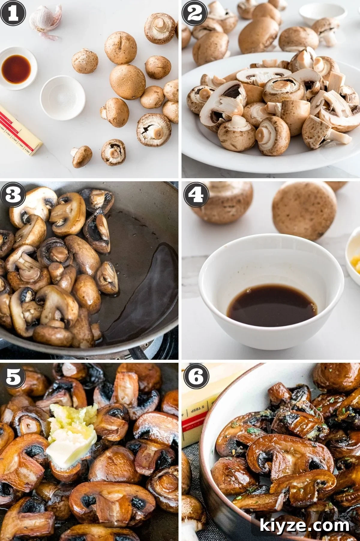 Garlic Butter Sautéed Mushrooms Recipe — Quick Flavorful Side 6 photos with numbered steps for how to make sauteed mushrooms