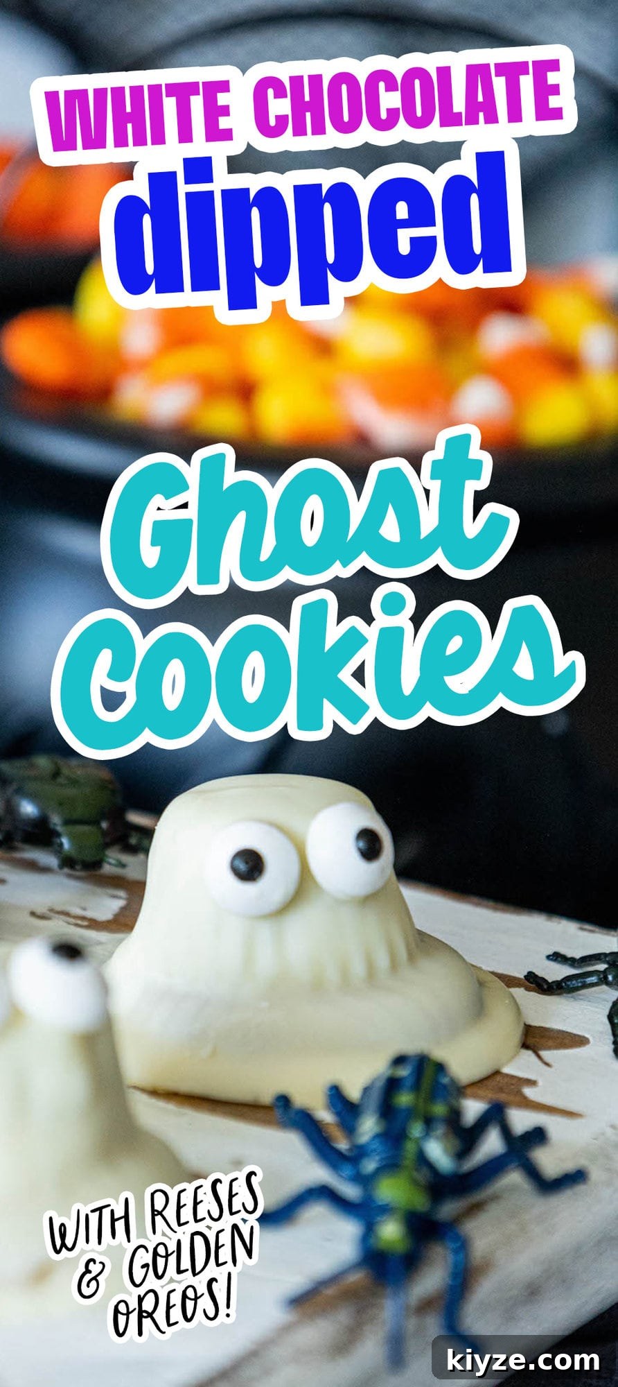 White Chocolate-Dipped Ghost Cookies: Spooky Halloween Treats 16 cookies dipped in white chocolate with candy eyes to look like ghosts