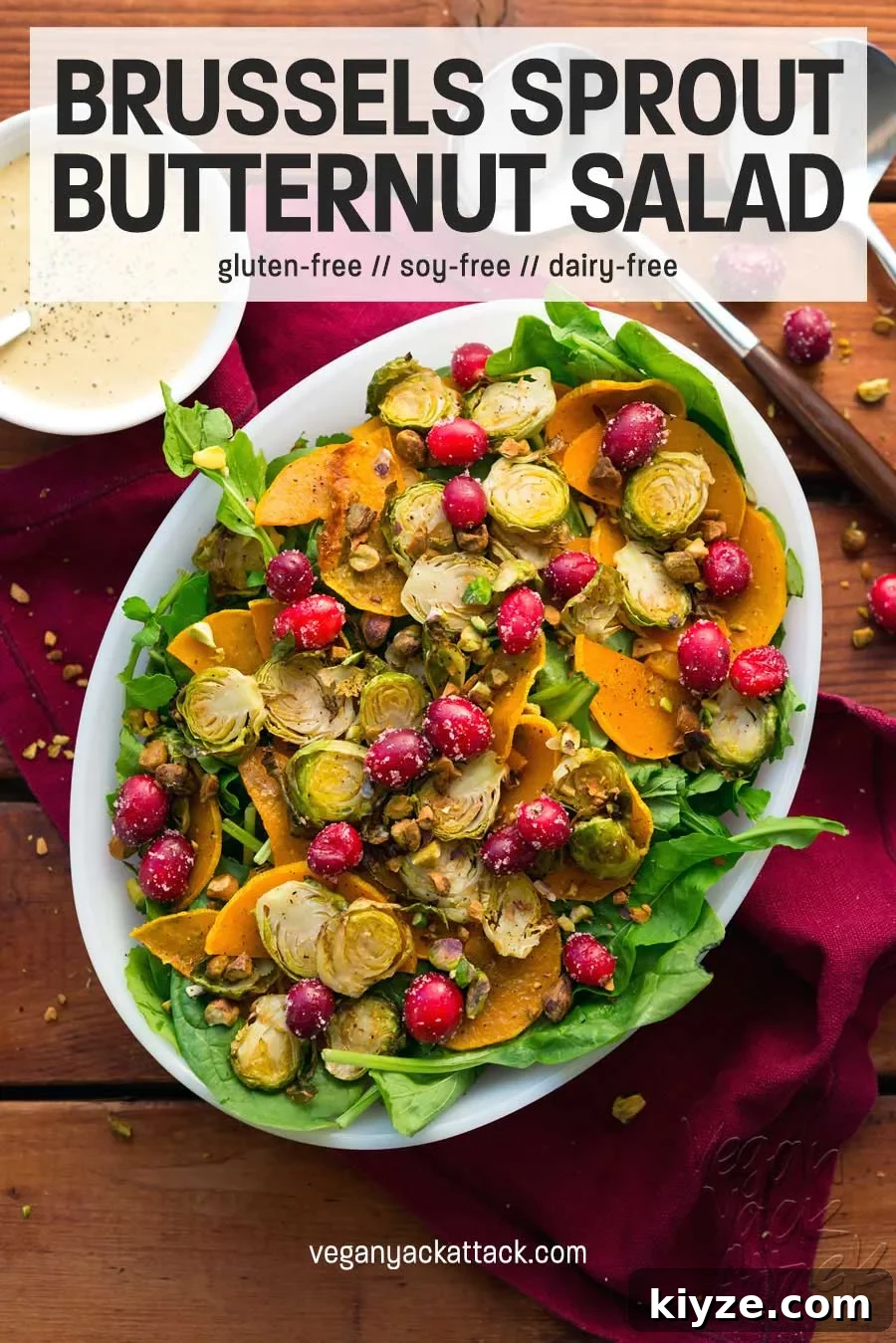 Brussels Sprouts and Butternut Squash Salad with Creamy Dijon Dressing 2 oval platter of salad topped with roasted vegetables, with text overlay "Brussels sprout butternut salad"