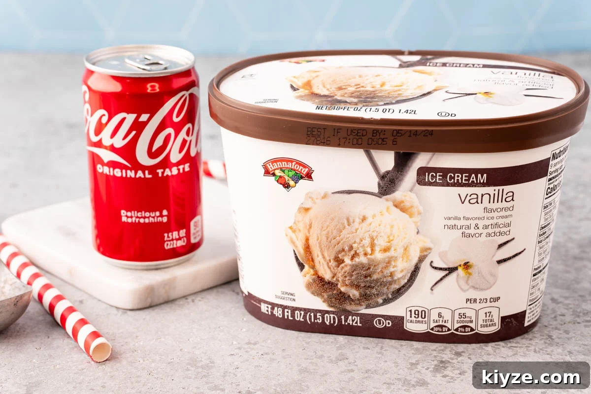 Classic Coke Float Recipe: How to Make the Iconic Soda Float 3 Ingredients to make a Coke float on a gray table.