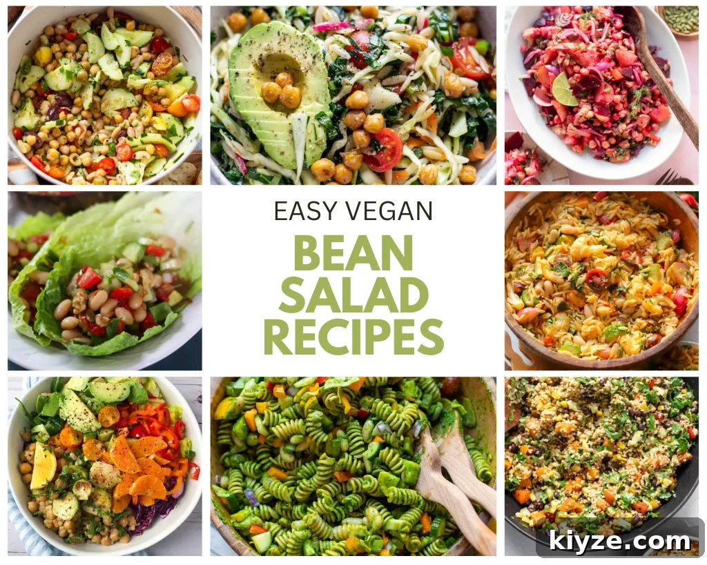 18 Flavorful Vegan Bean Salad Recipes for Every Occasion 2 collage with many different vegan bean salads like dense bean salads, orzo pasta salad, kale pesto pasta salad, tabouleh, and more.
