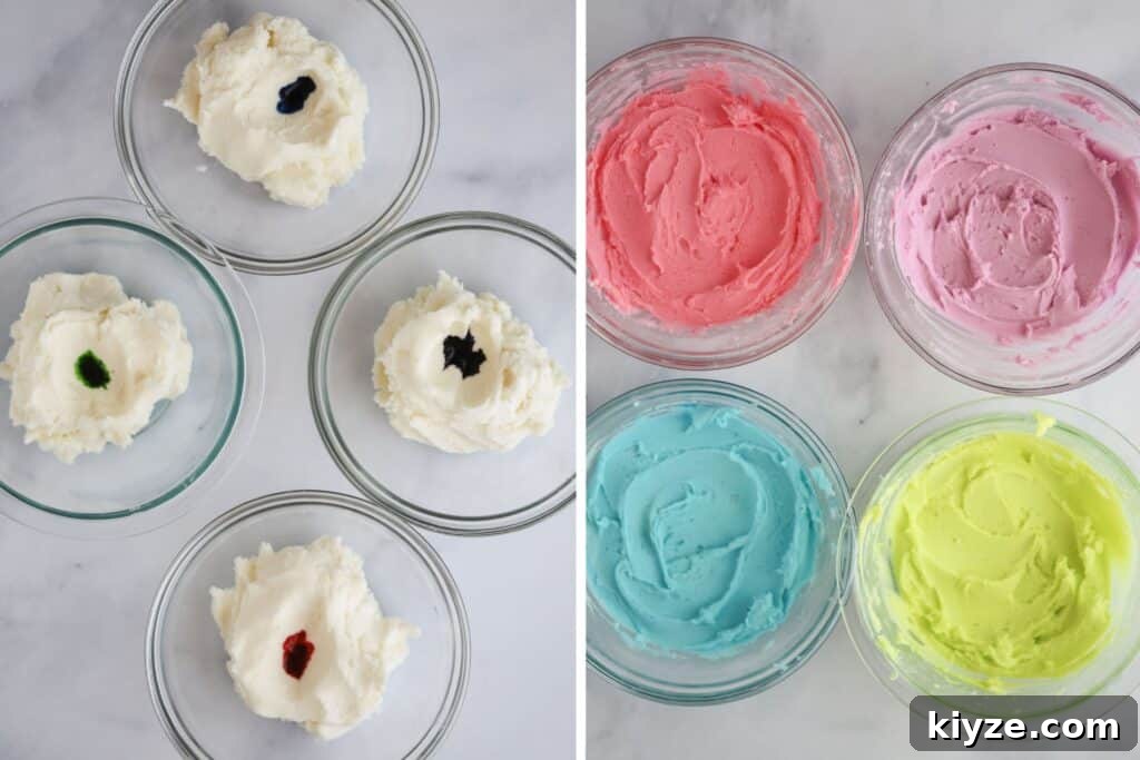 Cream Cheese Mint Candies Recipe: Soft Homemade Mints in Minutes 3 Small glass bowls with the dough to make cream cheese wedding mints along with food coloring for each.
