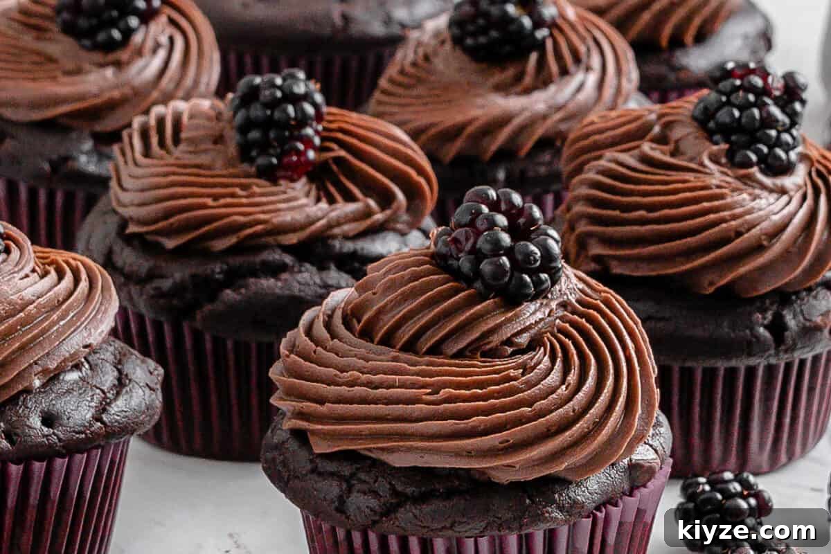 Blackberry Chocolate Cupcakes Recipe with Rich Ganache Filling 13 completed Blackberry Chocolate Cupcakes with blackberries scattered against a white surface