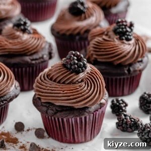 Blackberry Chocolate Cupcakes Recipe with Rich Ganache Filling 14 completed Blackberry Chocolate Cupcakes with blackberries scattered against a white surface