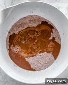 the addition of wet ingredients into bowl of dry ingredients for Blackberry Chocolate Cupcakes
