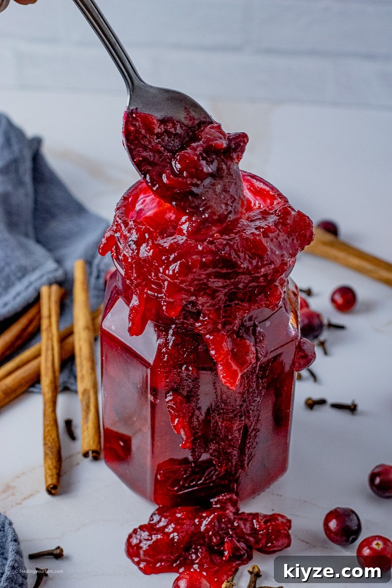 Tangy Cranberry Orange Sauce Recipe for Holiday Feasts 6 spoon scooping homemade cranberry sauce out of a glass jar