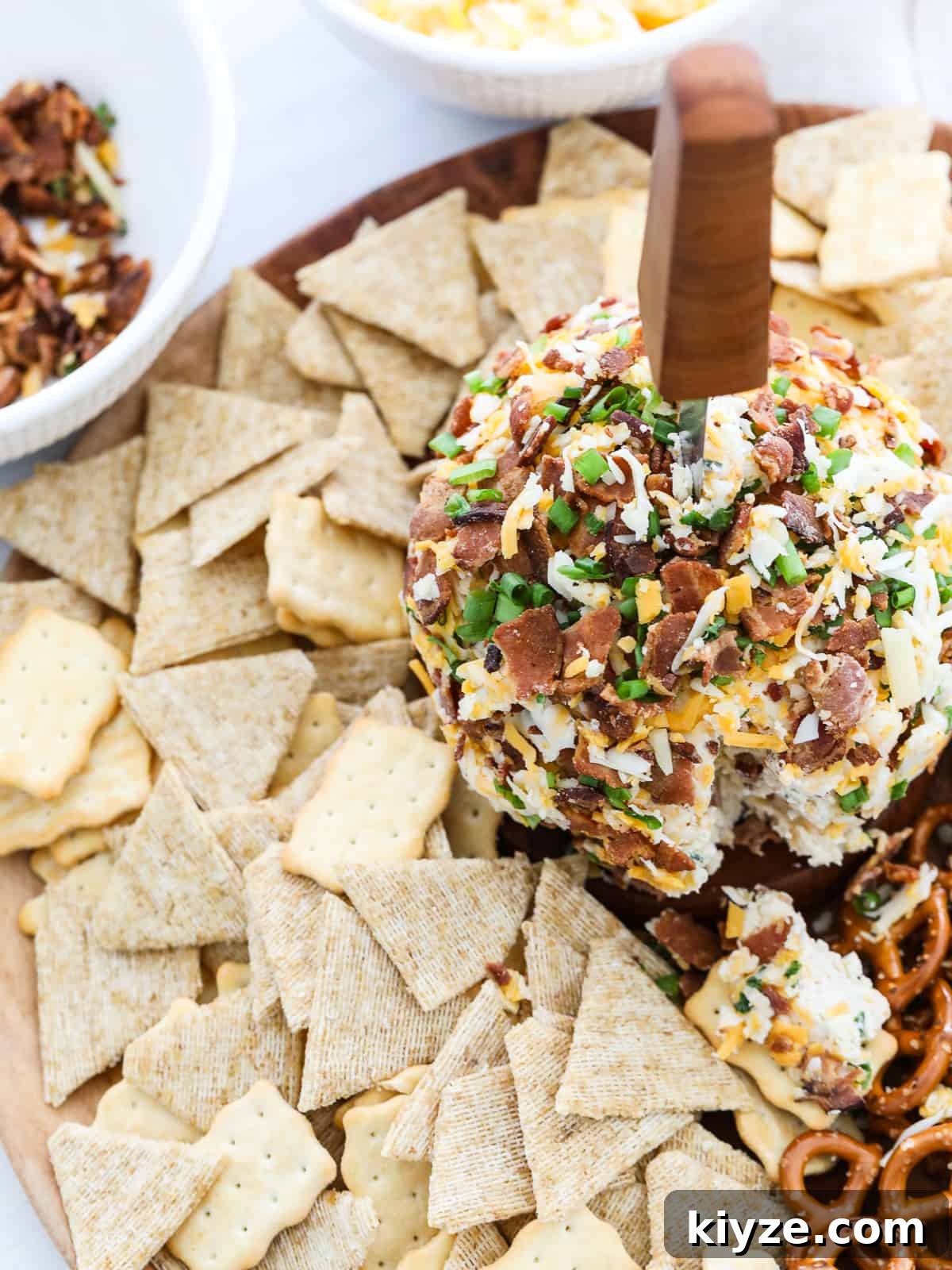 Savory Bacon Ranch Cheese Ball Recipe for Parties 9 Bacon Cheese Ball with knife and crackers