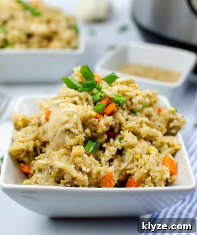 Top Instant Pot Asian Recipes for Flavorful Weeknight Meals 13 square white bowl heaped with chicken fried rice