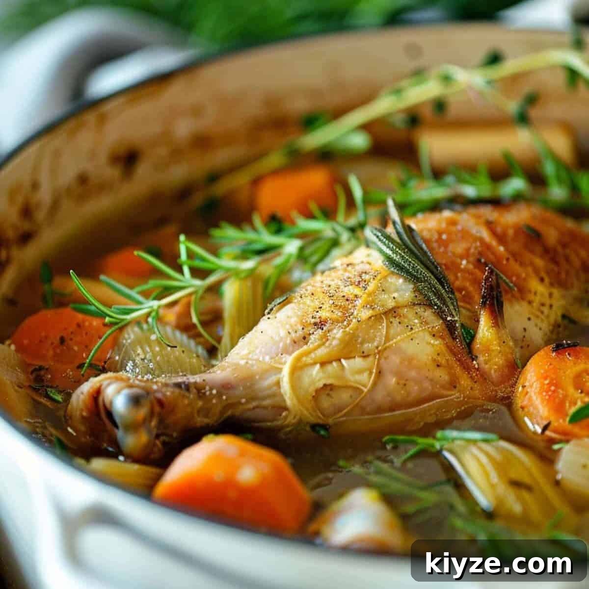 Fresh Rosemary Guide: How to Prep, Cook, and Store Herb Successfully 13 Roasted chicken with herbs and vegetables in a ceramic baking dish.