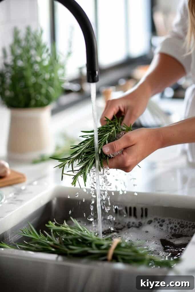 Fresh Rosemary Guide: How to Prep, Cook, and Store Herb Successfully 7 Person rinsing fresh rosemary under running tap water in a kitchen sink.