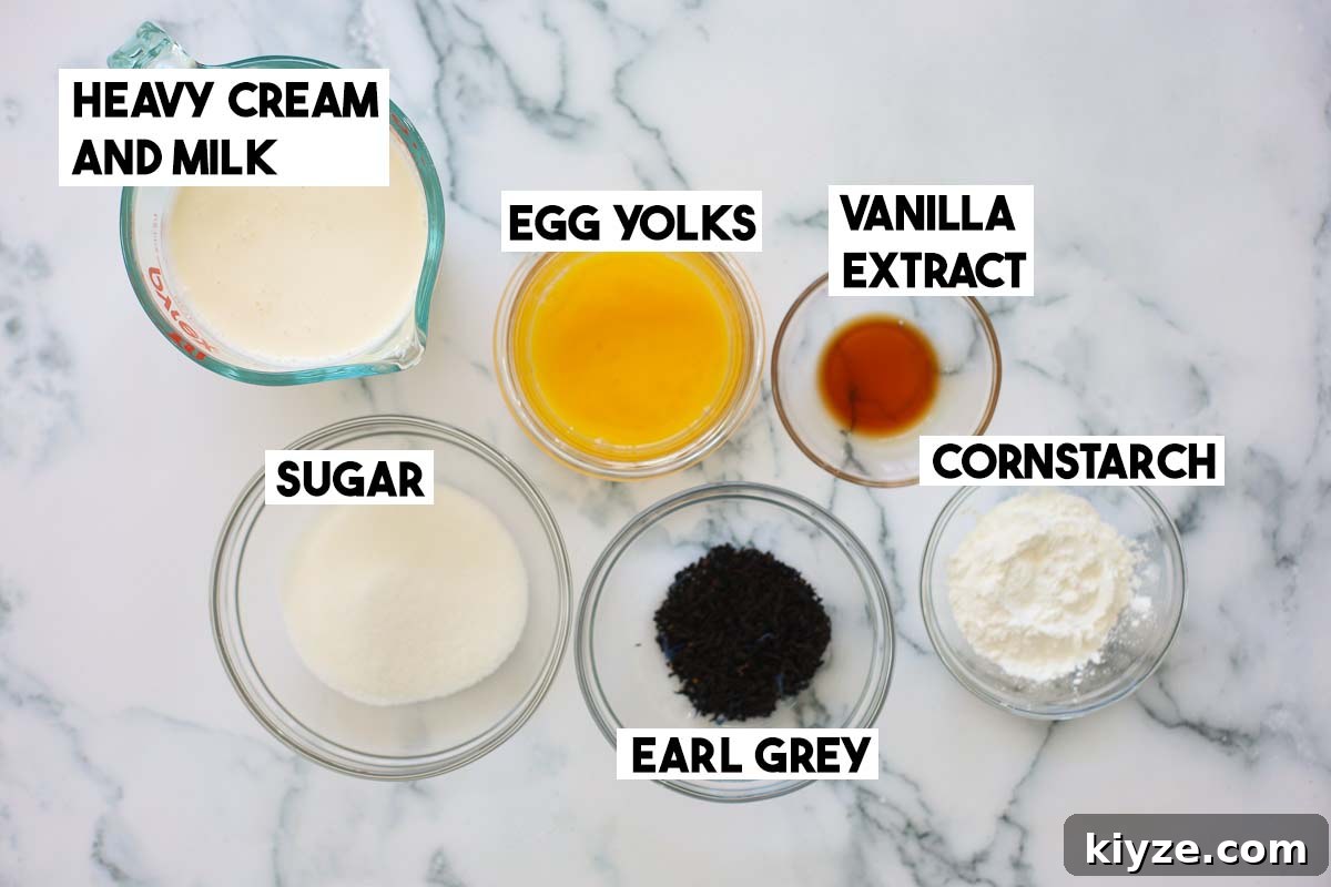 Earl Grey Custard Recipe: Silky Tea-Infused Pastry Cream 3 Ingredients used to make Earl Grey custard, separated into glass bowls.