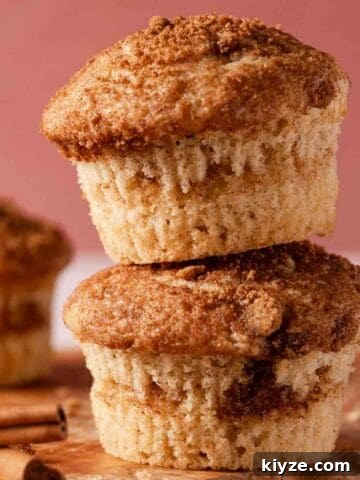 two cinnamon muffins stacked with cinnamon sticks on the side.