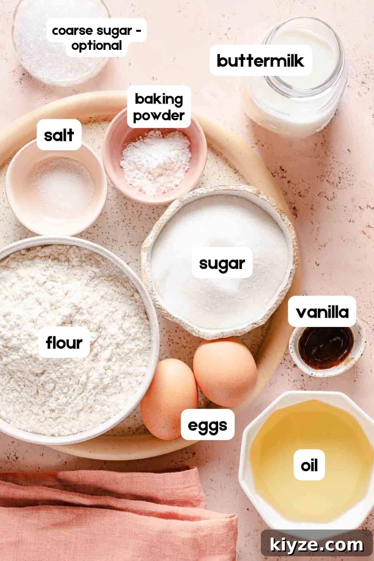 Fluffy Buttermilk Muffins Recipe for Tender Homemade Muffins 3 ingredients for buttermilk muffin recipe with text labels.