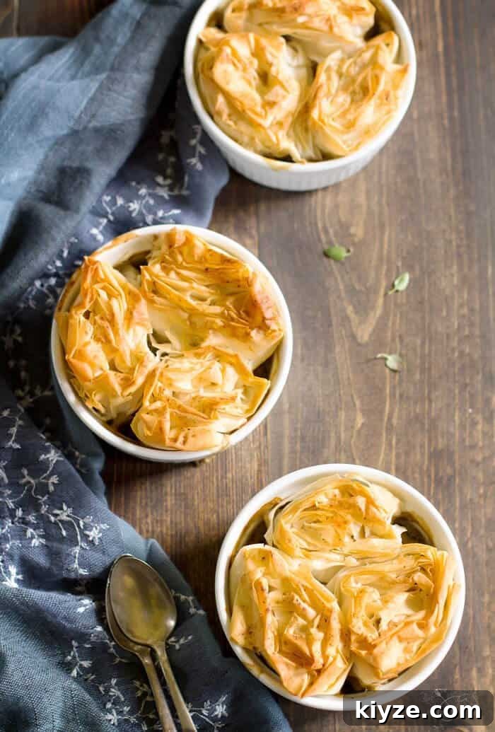 Crispy Fillo Vegetable Pot Pie with Savory Herb Filling 3 Individual vegetarian pot pies with fillo crust