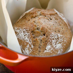 A loaf of no-knead bran bread is baked in a dutch oven.
