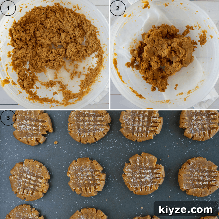 the process of making peanut butter cookies, first the bowl with peanut butter and sugars mixed, then the dough, then the dough on a cookie sheet formed into cookies