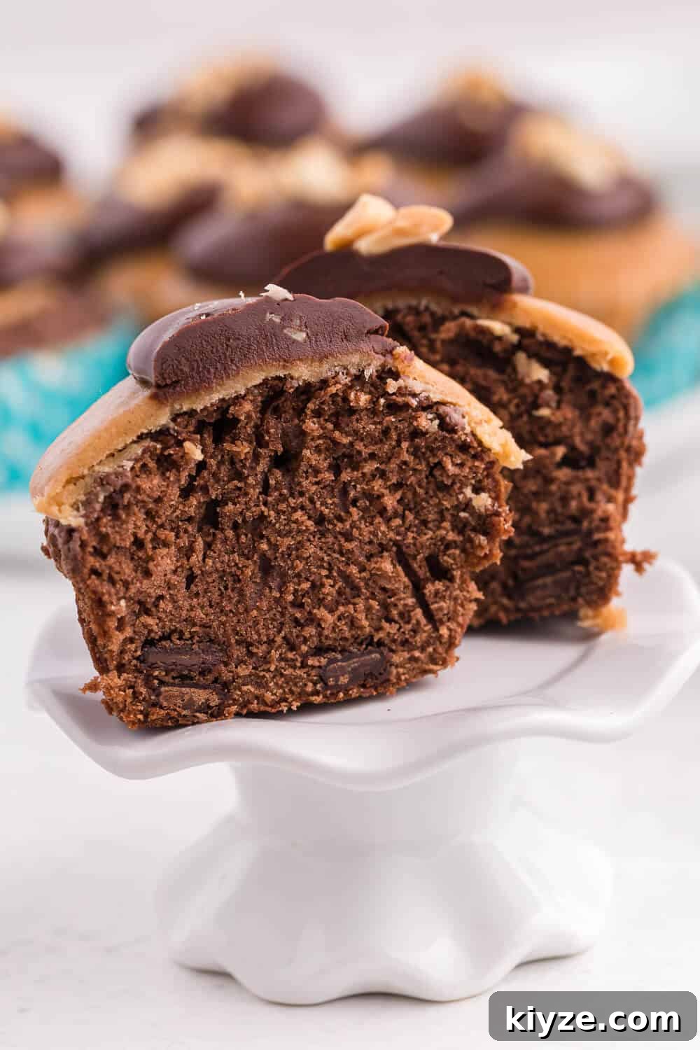 Decadent Peanut Butter Brownie Cupcakes Recipe 6 A cut peanut butter brownie cupcake on a cupcake stand