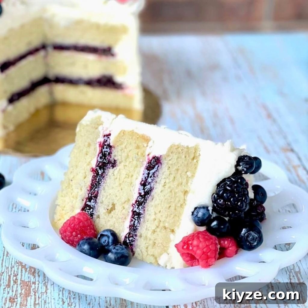 Moist Vanilla Cake Recipe Using the Reverse Creaming Method 8 slice of vanilla cake made with the reverse creaming method with berry filling and a bowl of mixed berry cake filling