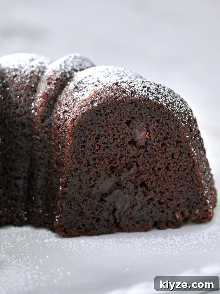 Cross section of a chocolate bundt cake showing ultra-moist chocolate crumb and pockets of chocolate chips.