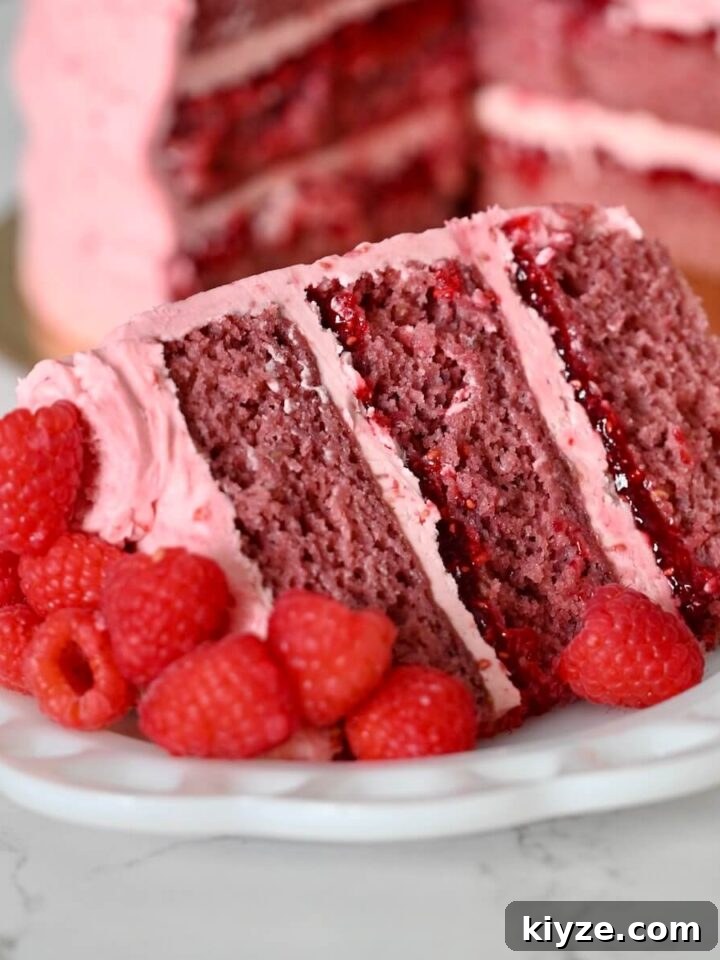 A slice of raspberry cake on a plate.