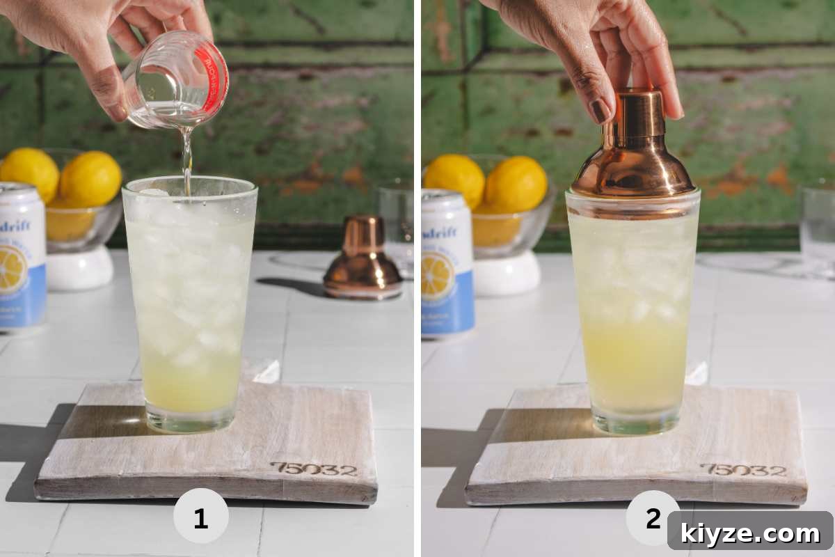 Homemade Lemonade Recipe — Fresh Italian Limonata 5 Pouring the ingredients for the lemon soda cocktail into a shaker with ice.
