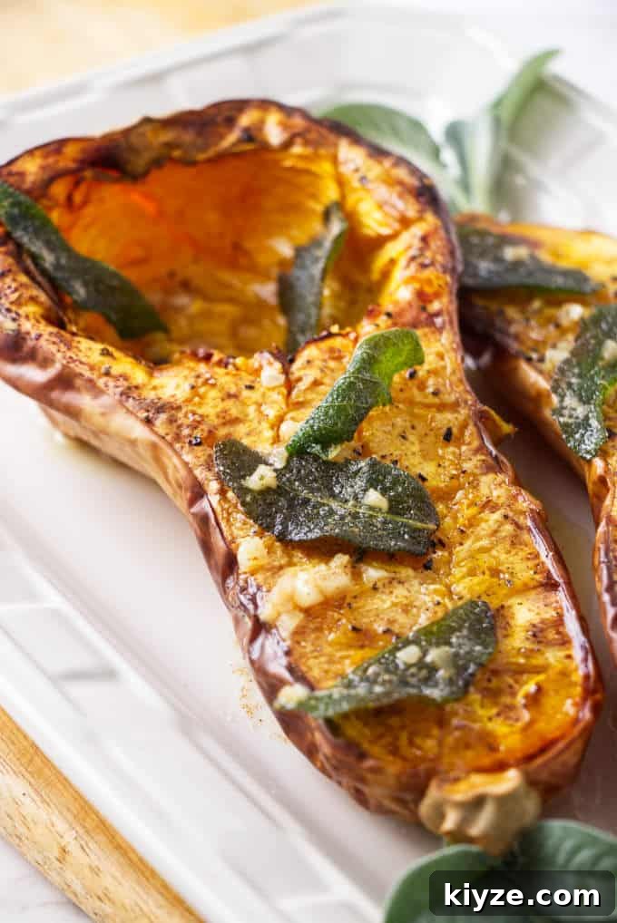 Air Fryer Butternut Squash with Sage Brown Butter Recipe 5 Air fryer roasted butternut squash with brown butter and sage on top.