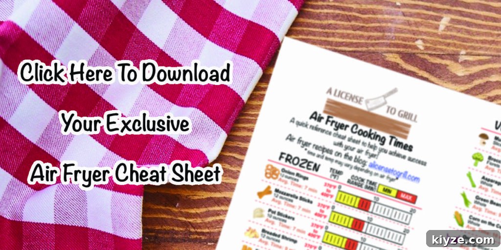 Air Fryer Butternut Squash with Sage Brown Butter Recipe 6 air fryer cheat sheet preview sitting on wood desk with text "click here to download your exclusive air fryer cheat sheet"