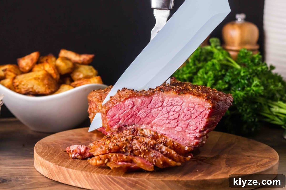 Juicy Oven-Baked Corned Beef Brisket Recipe 2 A carving knife cutting into a juicy oven-baked Corned Beef Brisket sitting on a cutting board. Hostess At Heart