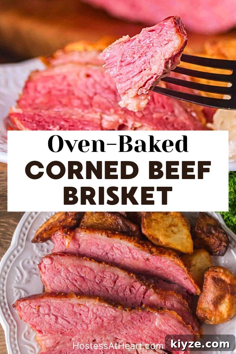 Juicy Oven-Baked Corned Beef Brisket Recipe 9 Two photo image for Pinterest. Top photo is a fork holding a bite of juicy baked corned beef brisket and the bottom photo is a plate with slices fanned out next to some roasted potatoes. Hostess At Heart