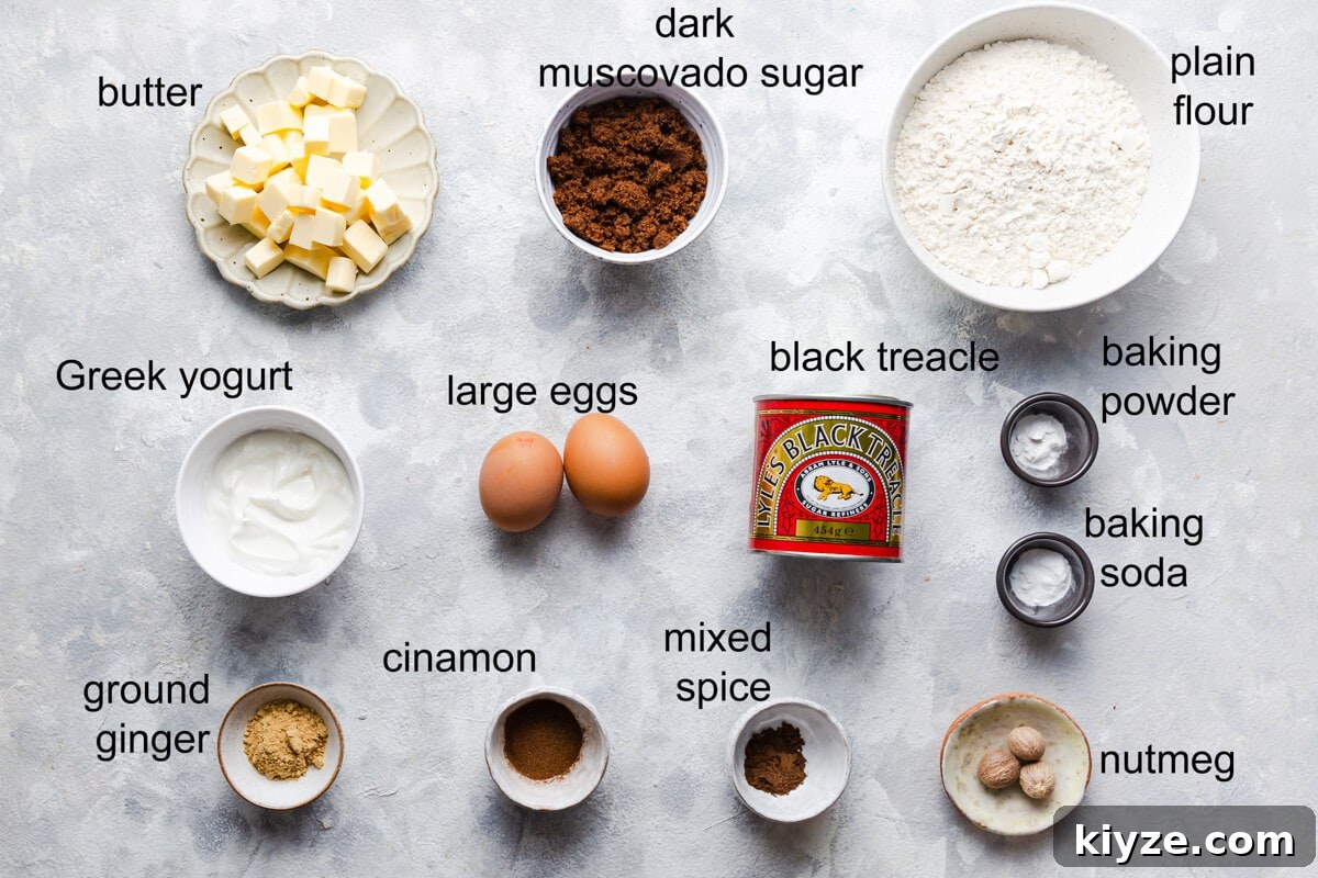 top view of the ingredients with labels text to make gingerbread cupcakes
