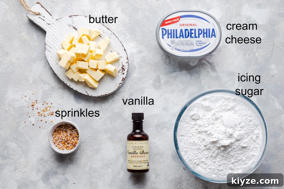 top view of the ingredients for a cream cheese frosting with text labels