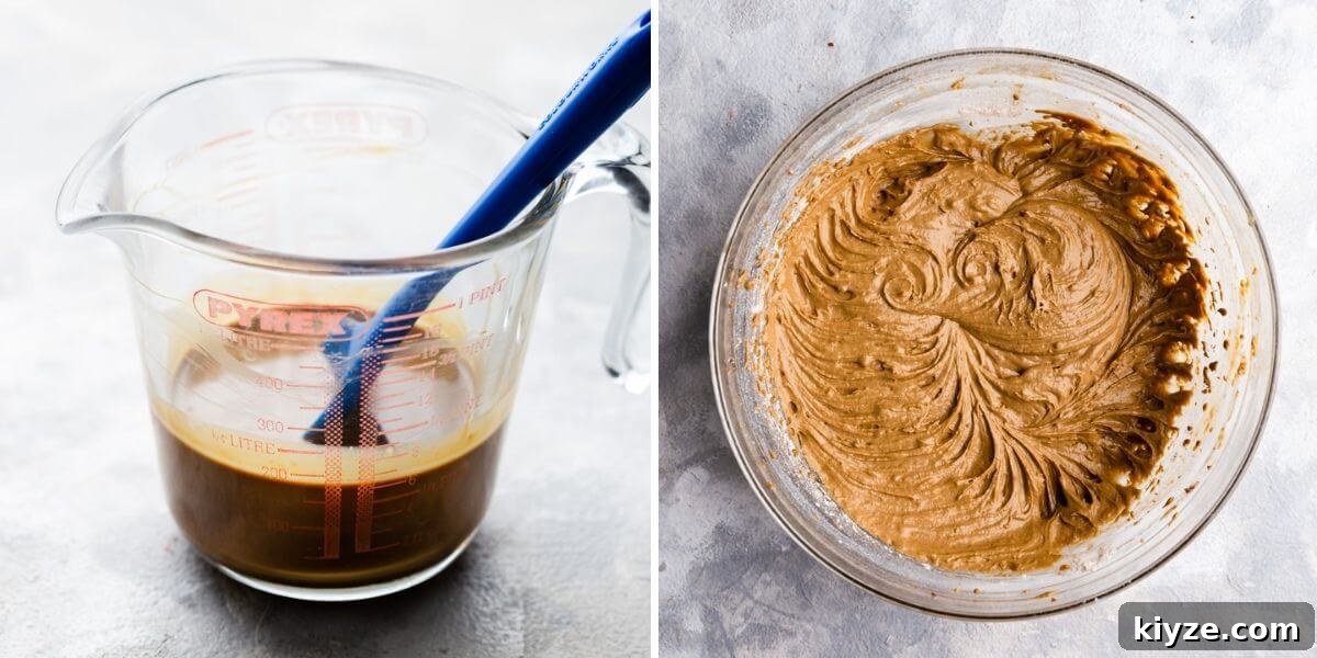 side by side photos of wet ingredients in the jug and a bowl with cupcake batter
