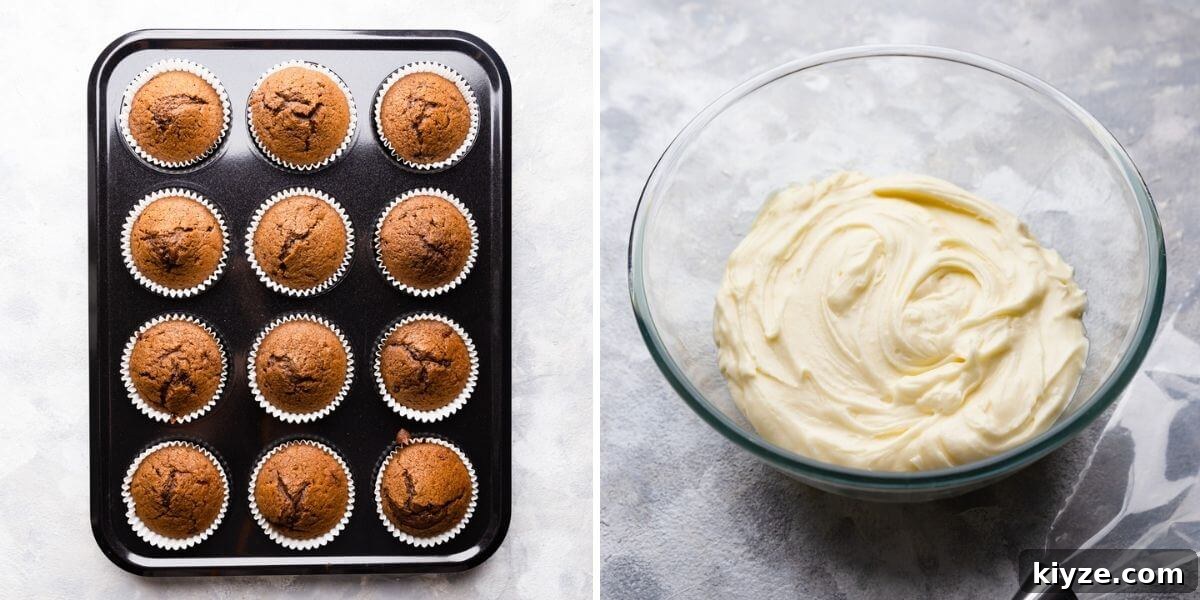 side by side photos of cupcakes in baking tin and a bowl with frosting