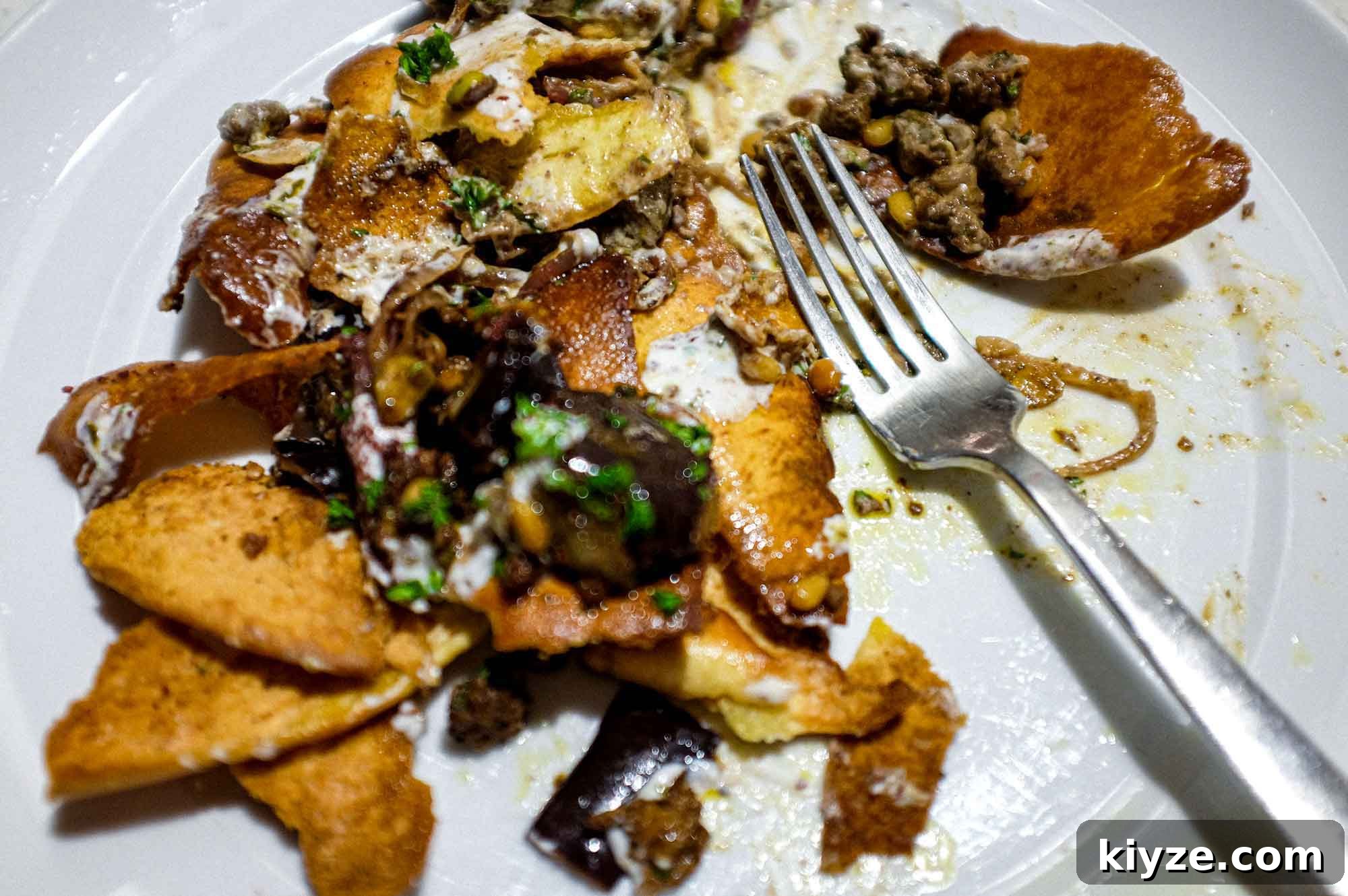 Lamb & Eggplant Fatteh a platter of Lamb & Eggplant Fatteh garnished with fresh parsley and sumac