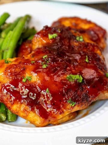 Oven baked BBQ boneless chicken thighs plated with green beans.