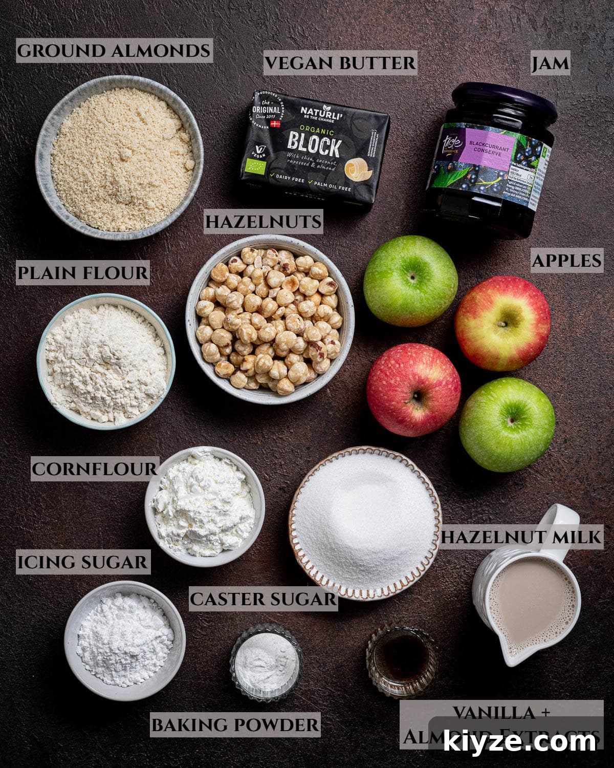 Vegan Apple Hazelnut Frangipane Tart 3 A labelled photo of the ingredients needed to make apple hazelnut frangipane tart.