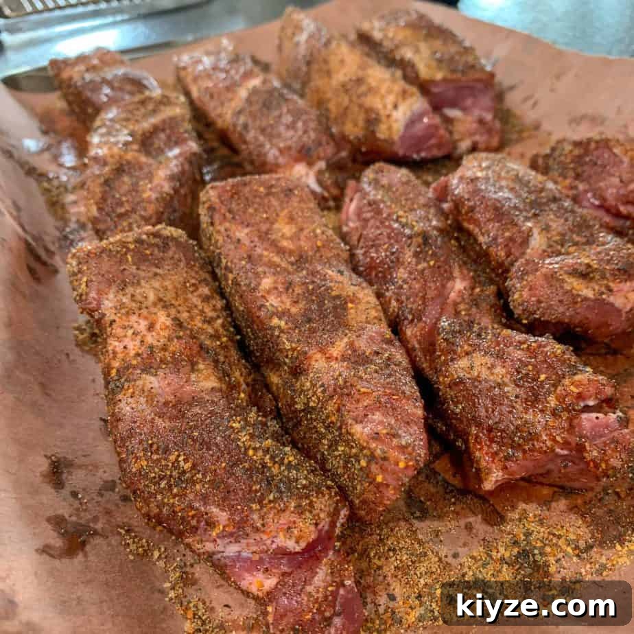 How to Smoke Country-Style Pork Ribs for Tender, Smoky Flavor 3 uncooked 4" strips of boneless country style ribs with a bbq rub added