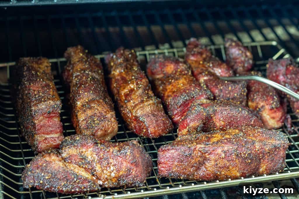 How to Smoke Country-Style Pork Ribs for Tender, Smoky Flavor 4 multiple strips of boneless country style ribs with rub in a smoker, one strip has a temp probe in it