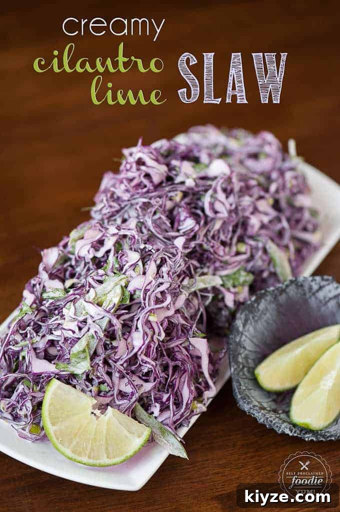 Creamy Cilantro Lime Slaw for Tacos and BBQ 2 Homemade coleslaw with purple cabbage and a creamy dressing