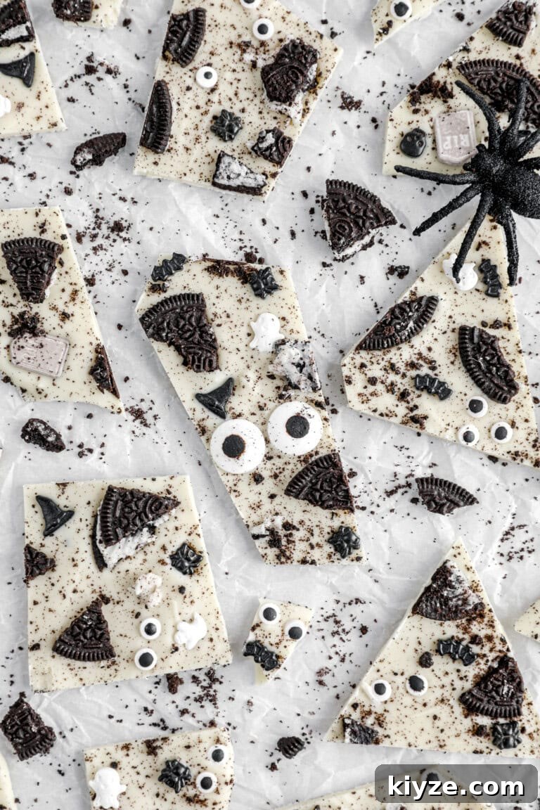 white chocolate oreo bark with candy eyes