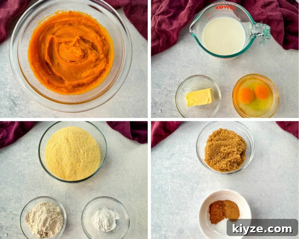 Classic Southern Sweet Potato Cornbread 4 pureed sweet potatoes, butter, buttermilk, eggs, yellow cornmeal, flour, baking powder, brown sugar, cinnamon, and nutmeg in separate glass bowls