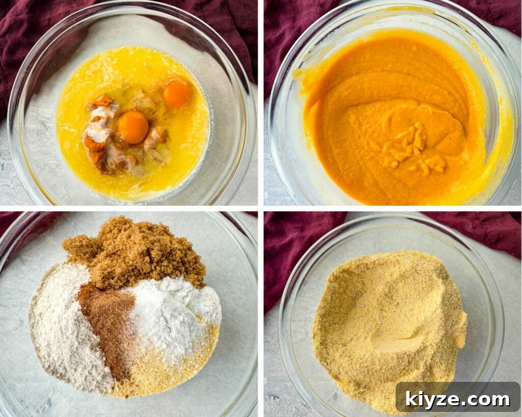 Classic Southern Sweet Potato Cornbread 5 dry and wet ingredients for sweet potato cornbread batter in a glass bowl