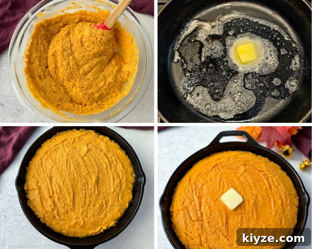 Classic Southern Sweet Potato Cornbread 6 sweet potato cornbread batter in a glass bowl and a cast iron skillet with butter